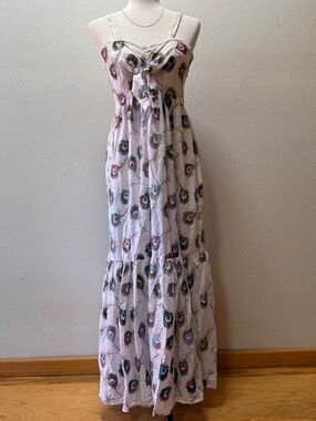 NWT Papillon Embroidered Peacock Feather Maxi Dress Boho Festival Smocked Back